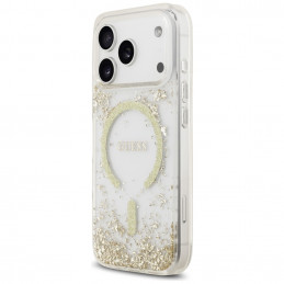 „Guess“ blizgučiais aptrauktas „MagSafe“ dėklas „iPhone 17 Pro“ su dervos dugnu – auksinis