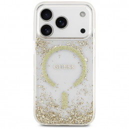 „Guess“ blizgučiais aptrauktas „MagSafe“ dėklas „iPhone 17 Pro“ su dervos dugnu – auksinis