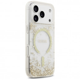 „Guess“ blizgučiais aptrauktas „MagSafe“ dėklas „iPhone 17 Pro“ su dervos dugnu – auksinis