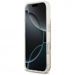 „Guess“ blizgučiais aptrauktas „MagSafe“ dėklas „iPhone 17 Pro“ su dervos dugnu – auksinis