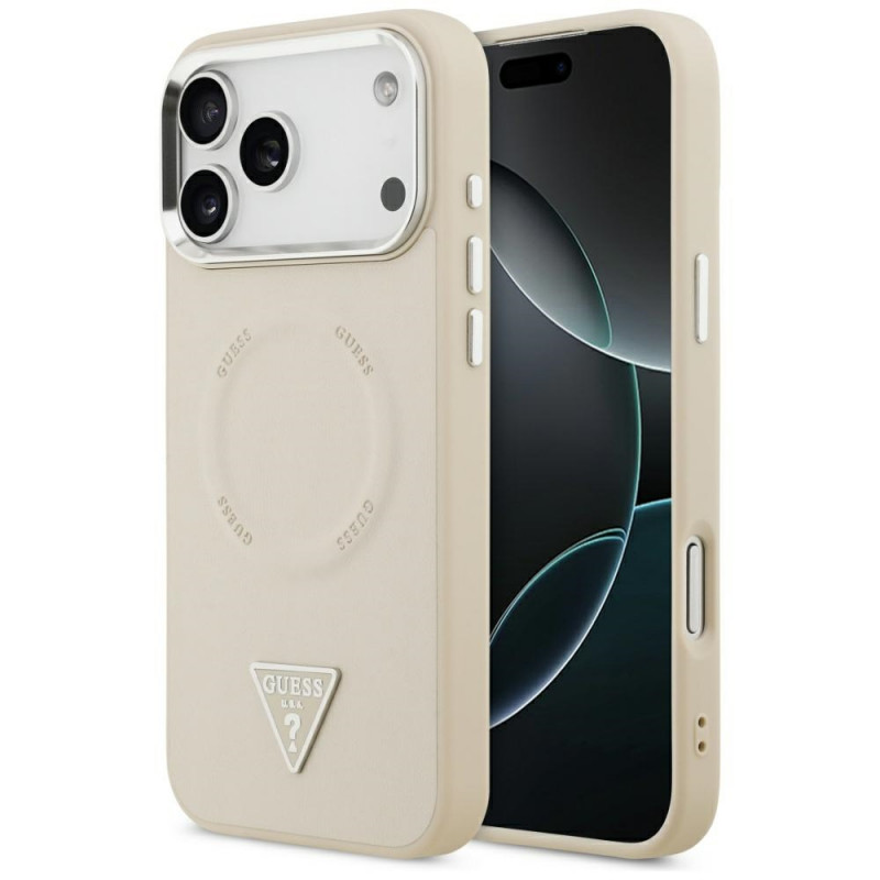 „Guess“ trikampio formos logotipo „MagSafe“ dėklas, skirtas „iPhone 17 Pro Max“ – smėlio spalvos
