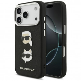 Karl Lagerfeld FW grūdėtas Karl & Choupette galvučių smeigtukų ir logotipo iPhone 17 Pro dėklas – juodas