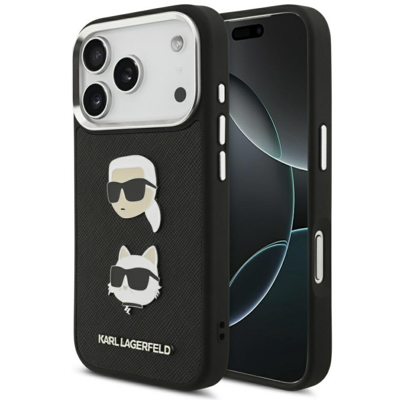 Karl Lagerfeld FW grūdėtas Karl & Choupette galvučių smeigtukų ir logotipo iPhone 17 Pro dėklas – juodas