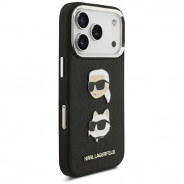 Karl Lagerfeld FW grūdėtas Karl & Choupette galvučių smeigtukų ir logotipo iPhone 17 Pro dėklas – juodas