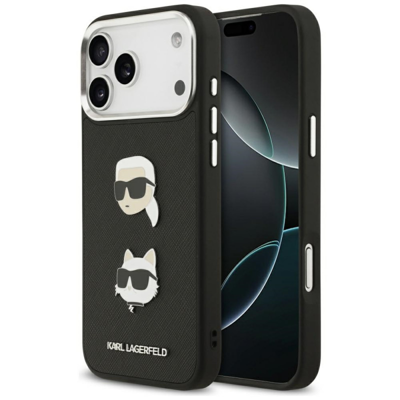 Karl Lagerfeld FW grūdėtas Karl & Choupette galvučių smeigtukų ir logotipo dėklas iPhone 17 Pro Max - juodas