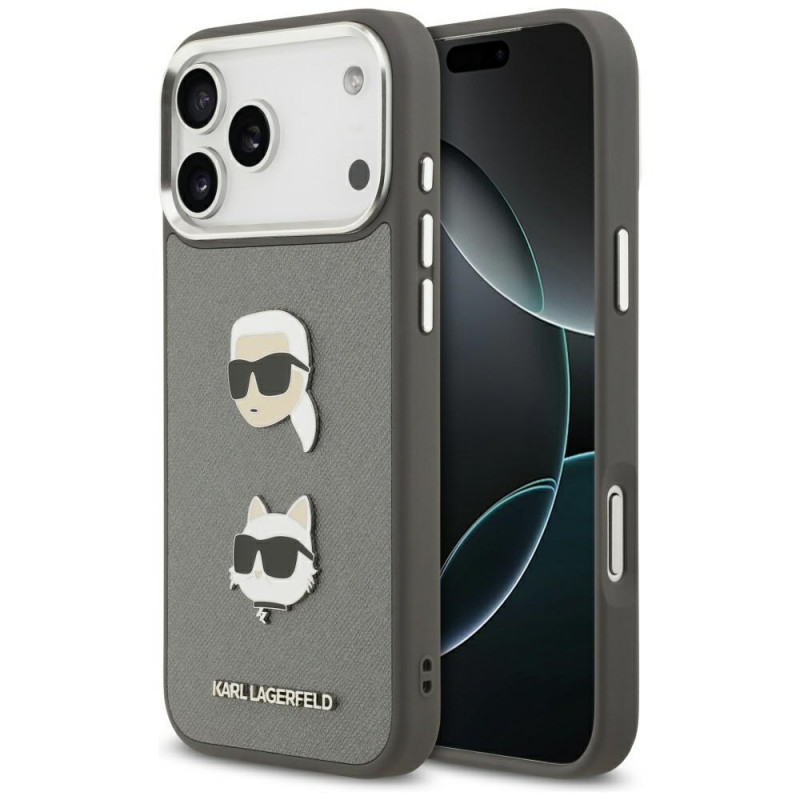 Karl Lagerfeld FW grūdėtas Karl & Choupette Heads Pins & Logo iPhone 17 Pro Max dėklas – pilkas