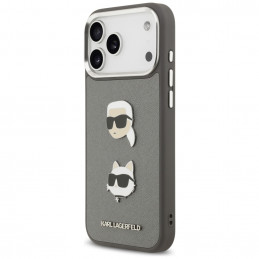 Karl Lagerfeld FW grūdėtas Karl & Choupette Heads Pins & Logo iPhone 17 Pro Max dėklas – pilkas