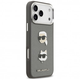 Karl Lagerfeld FW grūdėtas Karl & Choupette Heads Pins & Logo iPhone 17 Pro Max dėklas – pilkas