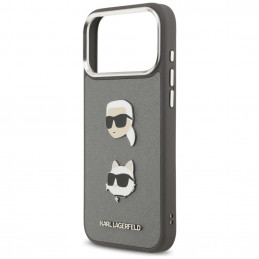 Karl Lagerfeld FW grūdėtas Karl & Choupette Heads Pins & Logo iPhone 17 Pro Max dėklas – pilkas