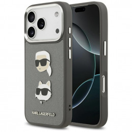 Karl Lagerfeld FW grūdėtas Karl & Choupette Heads Pins & Logo iPhone 17 Pro dėklas – pilkas
