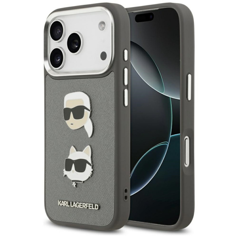 Karl Lagerfeld FW grūdėtas Karl & Choupette Heads Pins & Logo iPhone 17 Pro dėklas – pilkas