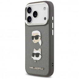 Karl Lagerfeld FW grūdėtas Karl & Choupette Heads Pins & Logo iPhone 17 Pro dėklas – pilkas