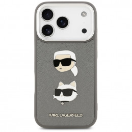 Karl Lagerfeld FW grūdėtas Karl & Choupette Heads Pins & Logo iPhone 17 Pro dėklas – pilkas