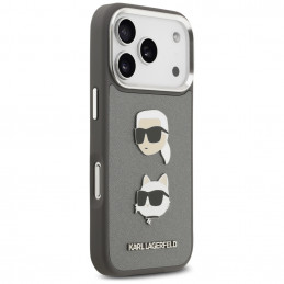 Karl Lagerfeld FW grūdėtas Karl & Choupette Heads Pins & Logo iPhone 17 Pro dėklas – pilkas
