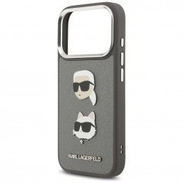 Karl Lagerfeld FW grūdėtas Karl & Choupette Heads Pins & Logo iPhone 17 Pro dėklas – pilkas