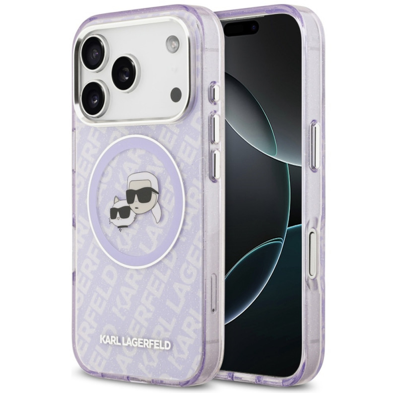 „Karl Lagerfeld IML“ blizgučiais ir „Karl & Choupette Heads“ logotipu aprūpintas „MagSafe“ dėklas, skirtas „iPhone 17 Pr...