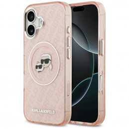 Karl Lagerfeld IML blizgučiais puoštas „Karl & Choupette Heads“ logotipo „MagSafe iPhone 17“ dėklas – rožinis