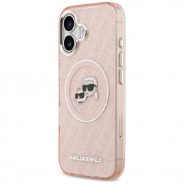 Karl Lagerfeld IML blizgučiais puoštas „Karl & Choupette Heads“ logotipo „MagSafe iPhone 17“ dėklas – rožinis