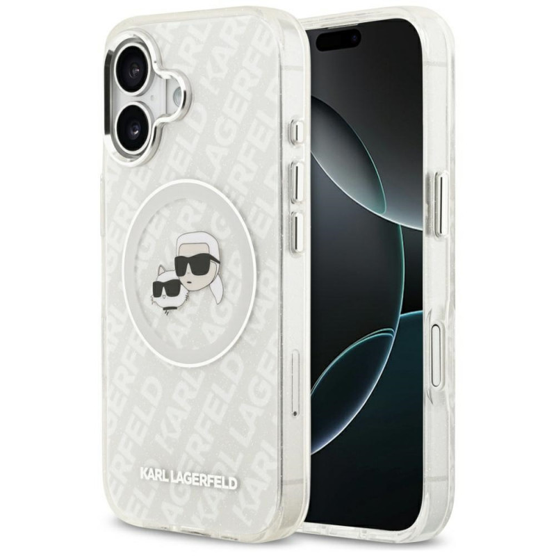 „Karl Lagerfeld IML“ blizgučiais puoštas „Karl & Choupette Heads“ logotipo „MagSafe iPhone 17“ dėklas – pilkas