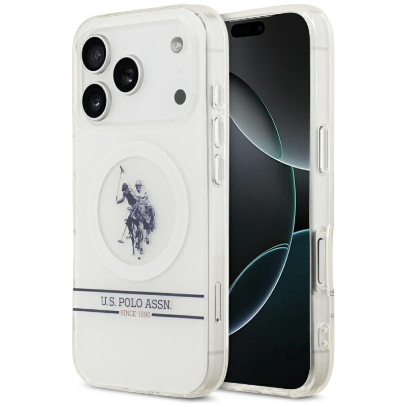 „MagSafe“ dėklas su JAV polo marškinėliais ir dryžuotu logotipu apačioje, skirtas „iPhone 17 Pro“ – baltas