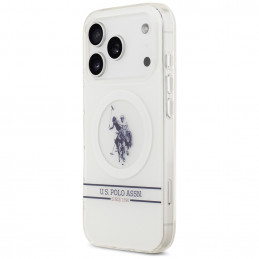„MagSafe“ dėklas su JAV polo marškinėliais ir dryžuotu logotipu apačioje, skirtas „iPhone 17 Pro“ – baltas