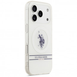 „MagSafe“ dėklas su JAV polo marškinėliais ir dryžuotu logotipu apačioje, skirtas „iPhone 17 Pro“ – baltas