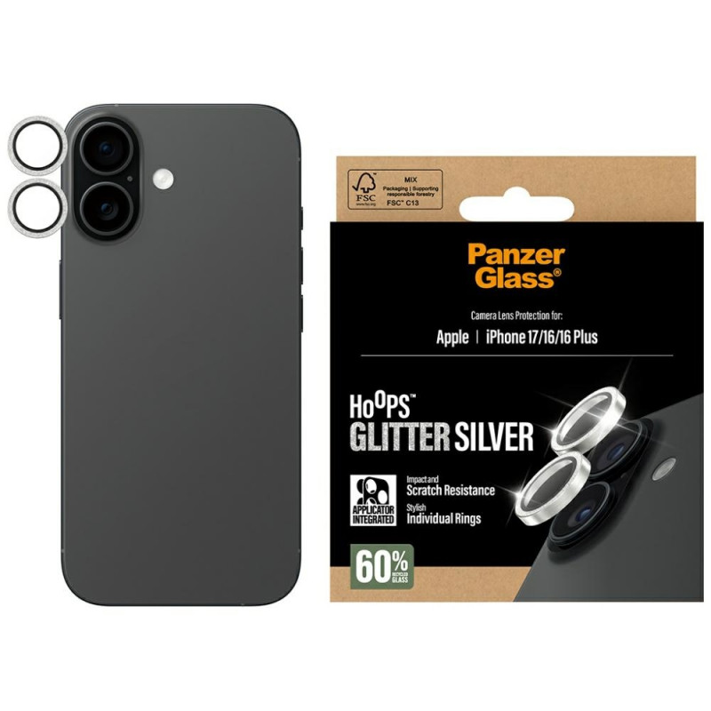 „PanzerGlass Hoops“ blizgučiais grūdinto stiklo ekrano apsauga, skirta „iPhone 17 / 16 / 16 Plus“ – sidabrinė