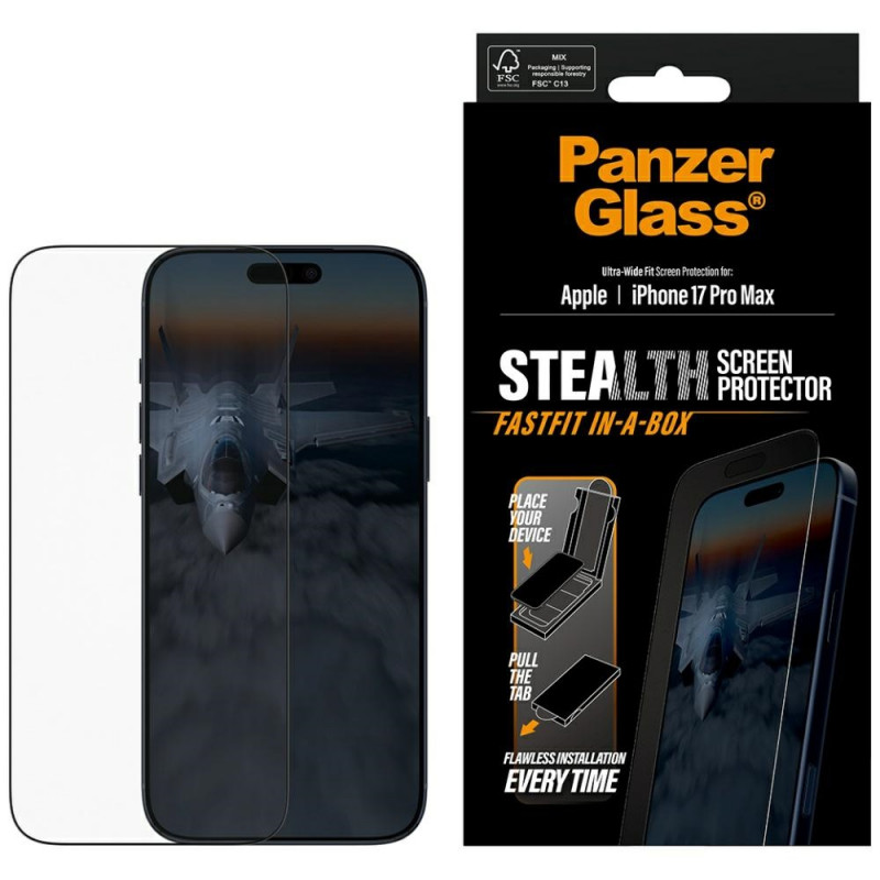 „PanzerGlass Stealth“ itin plataus užsegimo grūdintas stiklas, skirtas „iPhone 17 Pro Max“