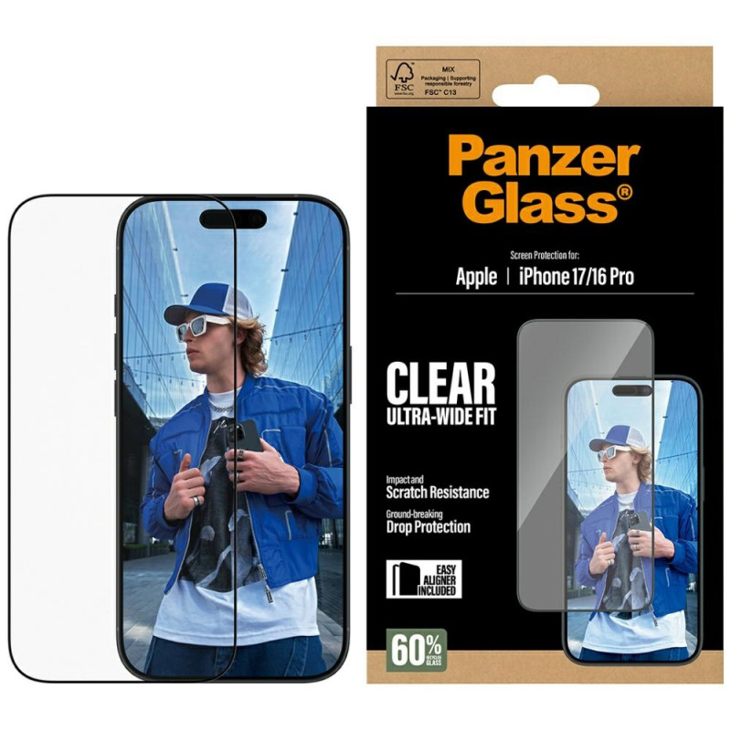 „PanzerGlass“ itin plataus kampo grūdintas stiklas „EasyAligner“, skirtas „iPhone 17 / 16 Pro“