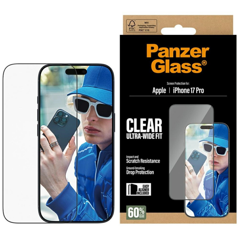 „PanzerGlass“ itin plataus diametro grūdintas stiklas „EasyAligner“, skirtas „iPhone 17 Pro“