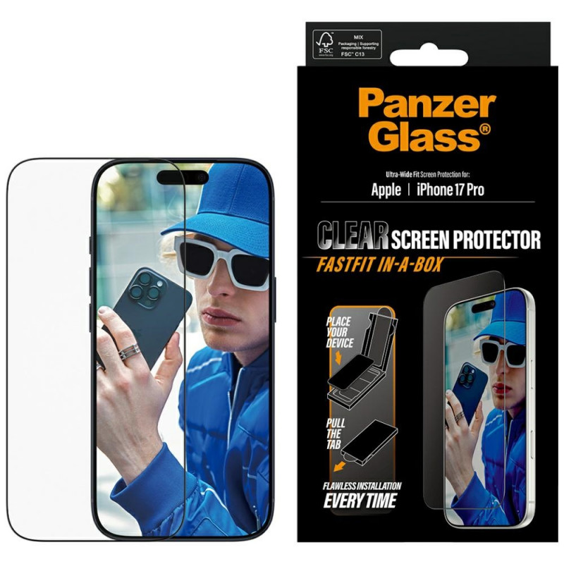 „PanzerGlass“ itin plataus tvirtinimo grūdintas stiklas, skirtas „iPhone 17 Pro“