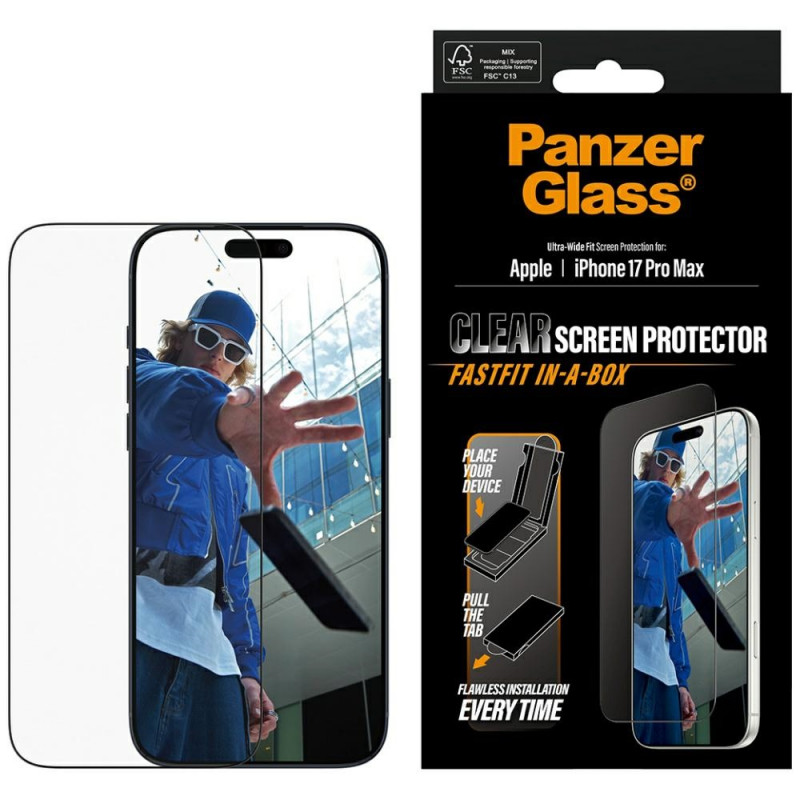 „PanzerGlass“ itin plataus užsegimo grūdintas stiklas, skirtas „iPhone 17 Pro Max“