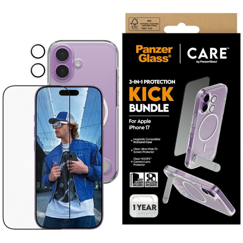 „CARE by PanzerGlass Feature Kick 3in1“ dėklas + stiklas + objektyvas, skirtas „iPhone 17“