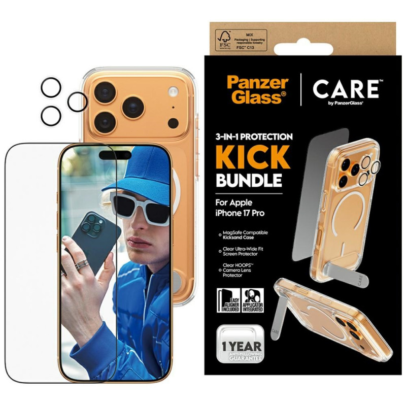 „CARE by PanzerGlass Feature Kick 3in1“ dėklas + stiklas + objektyvo apsaugos rinkinys, skirtas „iPhone 17 Pro“