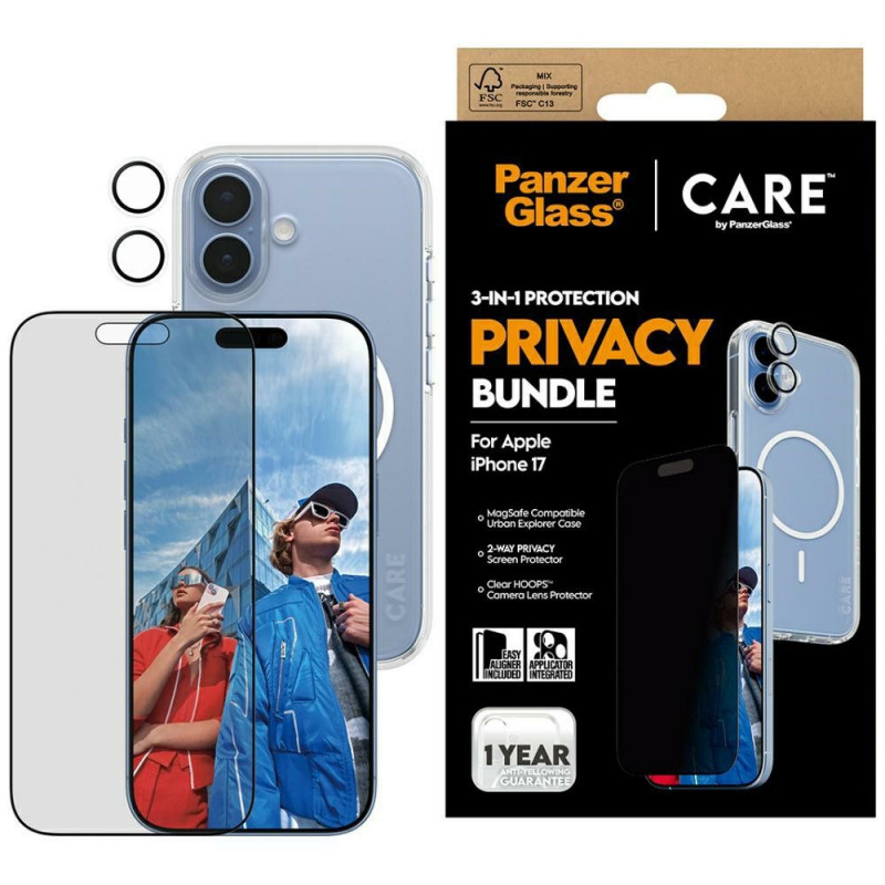 „CARE by PanzerGlass“ flagmaninis „Privacy 3-in-1“ dėklas + privatumo stiklas + objektyvas, skirtas „iPhone 17“