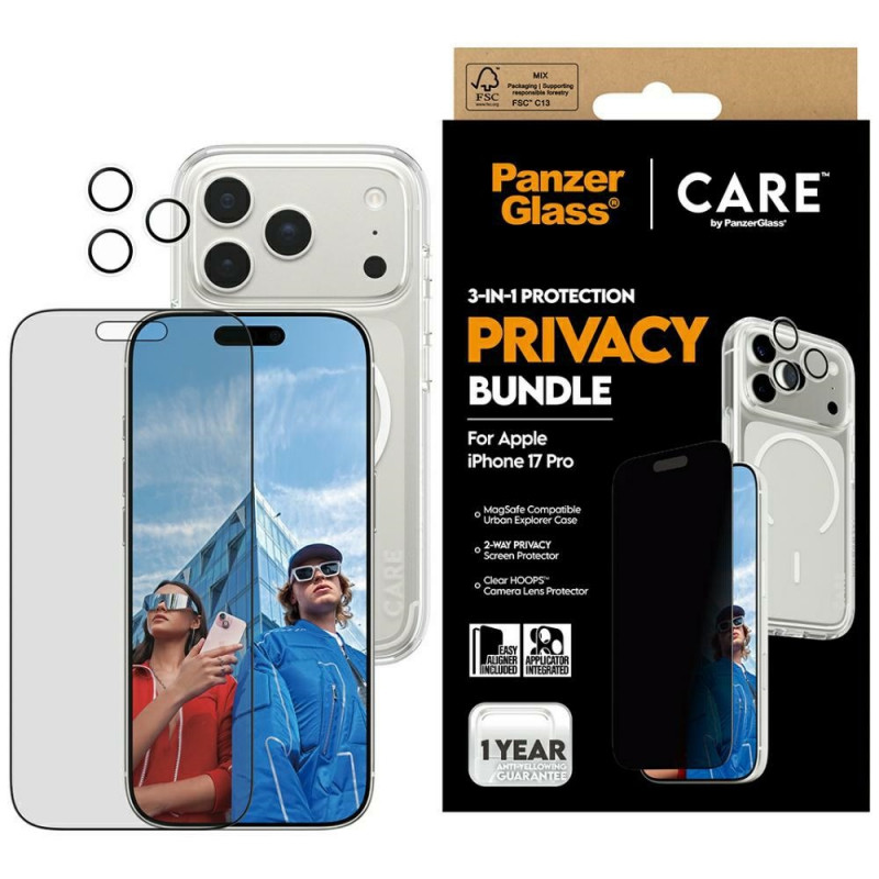 „CARE by PanzerGlass“ flagmaninis „Privacy 3-in-1“ dėklas + privatumo stiklas + objektyvas, skirtas „iPhone 17 Pro“