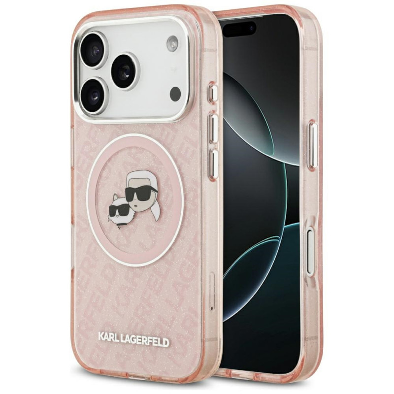„Karl Lagerfeld IML“ blizgučiais ir „Karl & Choupette Heads“ logotipu aprūpintas „MagSafe“ dėklas, skirtas „iPhone 17 Pr...