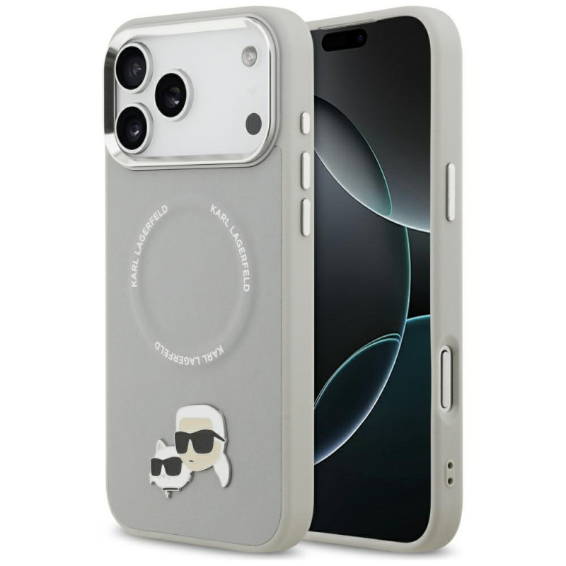 „Karl Lagerfeld Karl & Choupette Pins MagSafe“ dėklas, skirtas „iPhone 17 Pro Max“ – pilkas