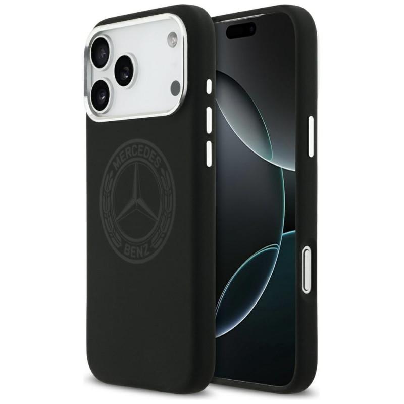 „Mercedes“ silikoninis vintažinio logotipo „MagSafe“ dėklas, skirtas „iPhone 17 Pro Max“ – juodas