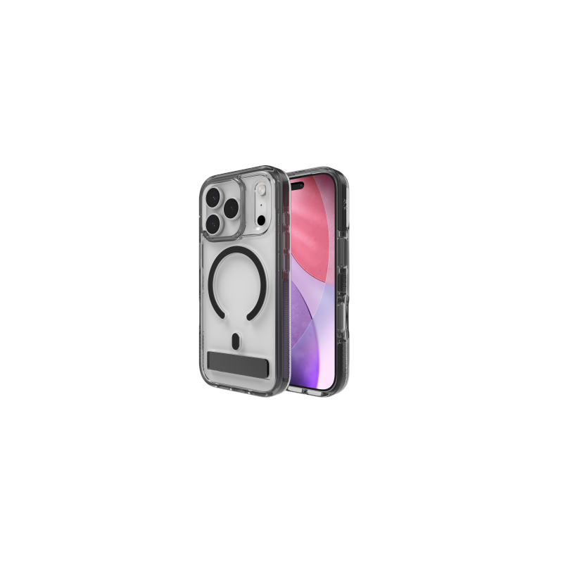 ZAGG Santa Cruz Snap KS MagSafe dėklas su stovu, skirtas iPhone 17 Pro – skaidrus ir juodas