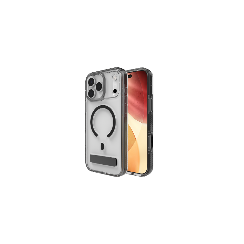 ZAGG Santa Cruz Snap KS MagSafe dėklas su stovu, skirtas iPhone 17 Pro Max – skaidrus ir juodas