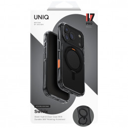 UNIQ Swivix besisukantis stovas 360 laipsnių iPhone 17 Pro dėklas – juodas