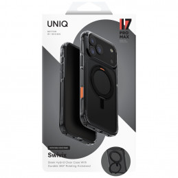 UNIQ Swivix besisukantis stovas 360 laipsnių iPhone 17 Pro Max dėklas – juodas