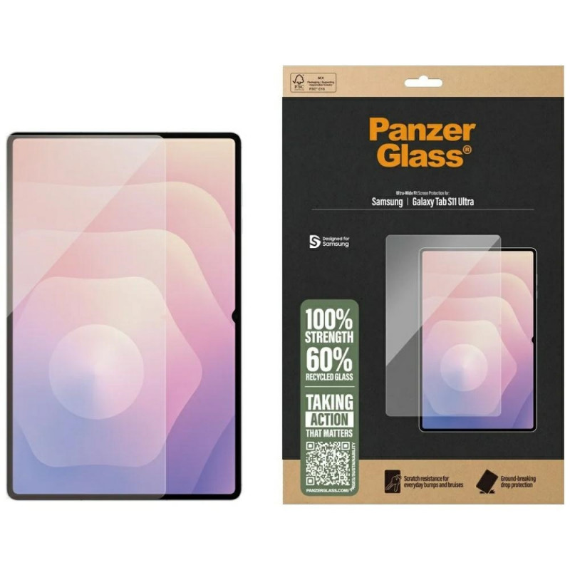 „PanzerGlass“ itin plataus tvirtinimo grūdintas stiklas, skirtas „Samsung Galaxy Tab S11 Ultra“ – skaidrus