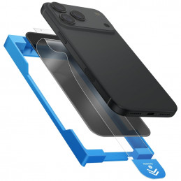 „UNIQ Optix Exofit“ grūdintas apsauginis stiklas „iPhone 17 Pro“ su aplikatoriumi