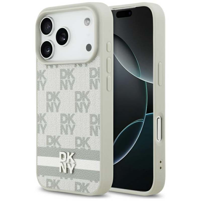 DKNY iPhone 17 Pro dėklas su languotomis juostelėmis – smėlio spalvos