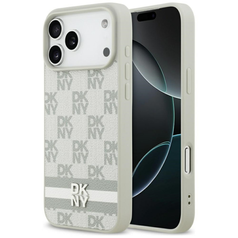 DKNY languotas dėklas su dryžuotais raštais, skirtas iPhone 17 Pro Max – smėlio spalvos