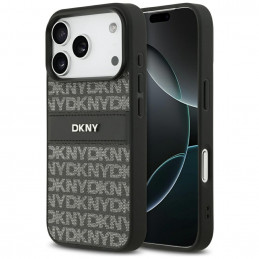 DKNY iPhone 17 Pro dėklas su tekstūros raštu ir toninėmis juostelėmis – juodas