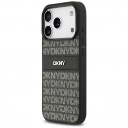 DKNY iPhone 17 Pro dėklas su tekstūros raštu ir toninėmis juostelėmis – juodas