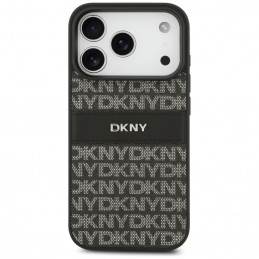 DKNY iPhone 17 Pro dėklas su tekstūros raštu ir toninėmis juostelėmis – juodas